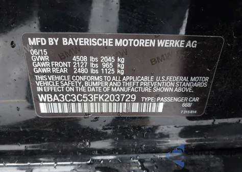 2015 BMW 320I xDrive из США, поврежденный, VIN WBA3C3C53FK203729